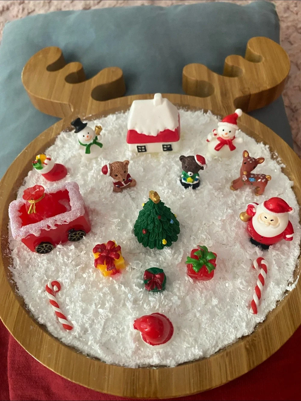 Holiday Reindeer Decorative Snow Tray with Red and Green Miniatures